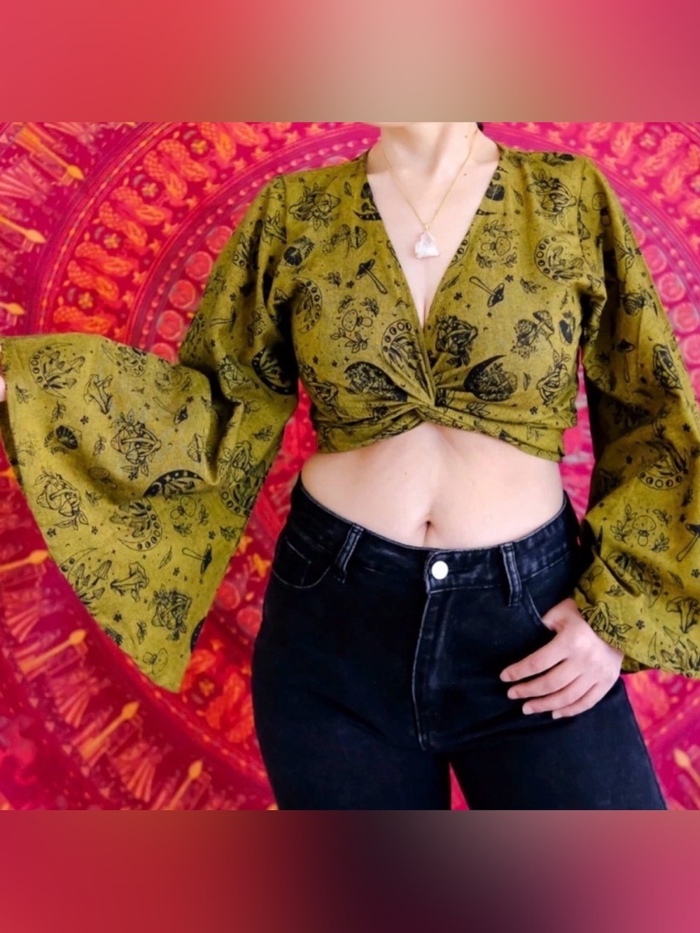Karma Nepal NWT Celestial Cotton Wrap Top Boho Festival Flare Sleeve hippie